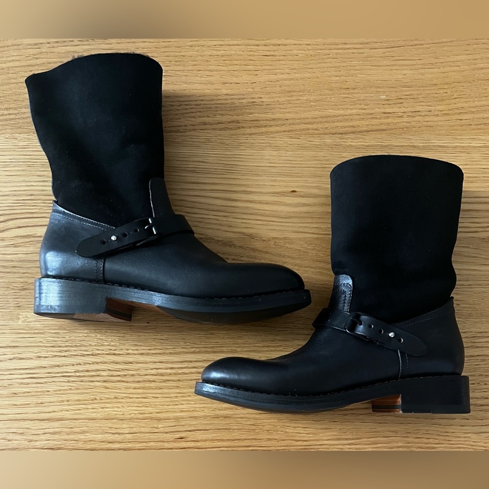 Rag & Bone Womens Oliver Black Leather and Shearling Moto Boots Size 7.5